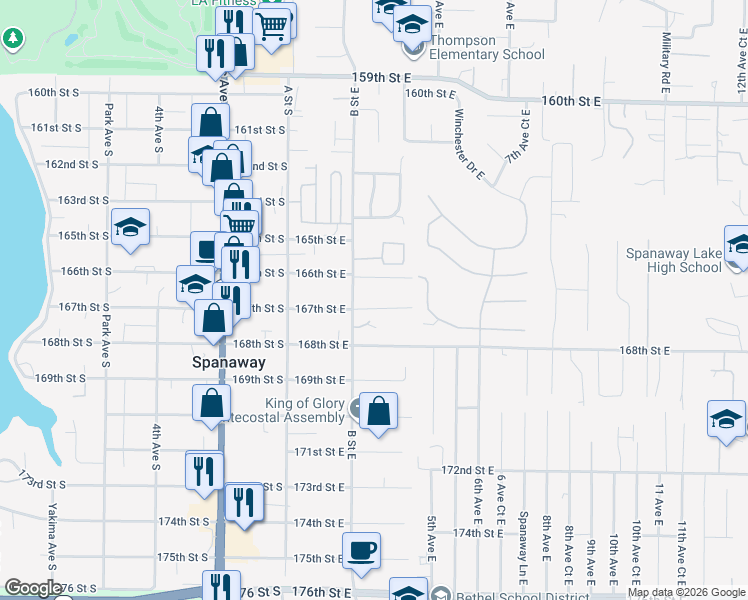 map of restaurants, bars, coffee shops, grocery stores, and more near 203 167th Street South in Spanaway
