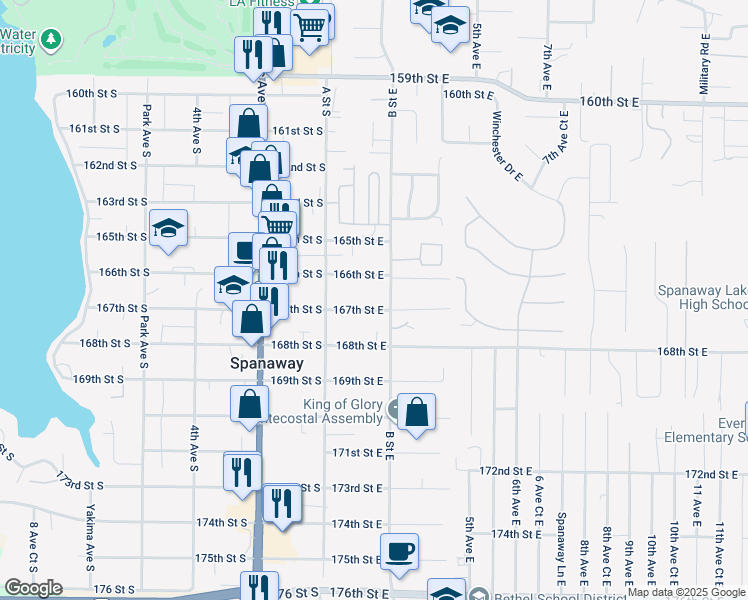 map of restaurants, bars, coffee shops, grocery stores, and more near 135 167th Street South in Spanaway