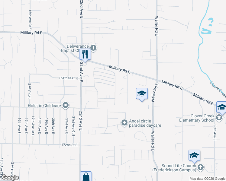 map of restaurants, bars, coffee shops, grocery stores, and more near 16516 25th Avenue Court East in Tacoma