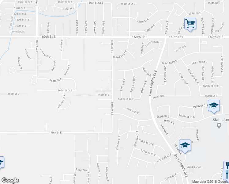 map of restaurants, bars, coffee shops, grocery stores, and more near 8612 165th Street Court East in Puyallup