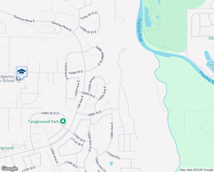 map of restaurants, bars, coffee shops, grocery stores, and more near 13604 164th Street Court East in Puyallup