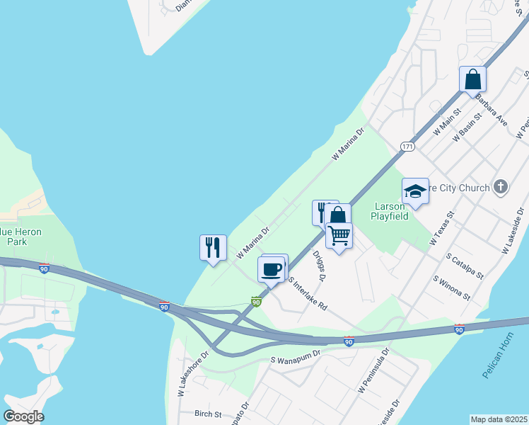 map of restaurants, bars, coffee shops, grocery stores, and more near 2800 West Marina Drive in Moses Lake