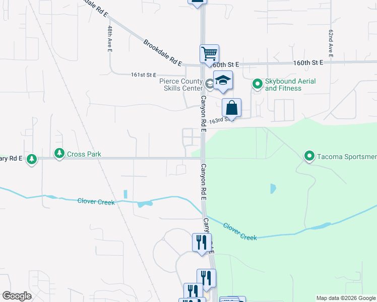 map of restaurants, bars, coffee shops, grocery stores, and more near 5305 Military Road East in Tacoma