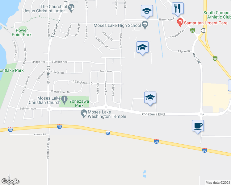 map of restaurants, bars, coffee shops, grocery stores, and more near 2013 Dilley Avenue in Moses Lake