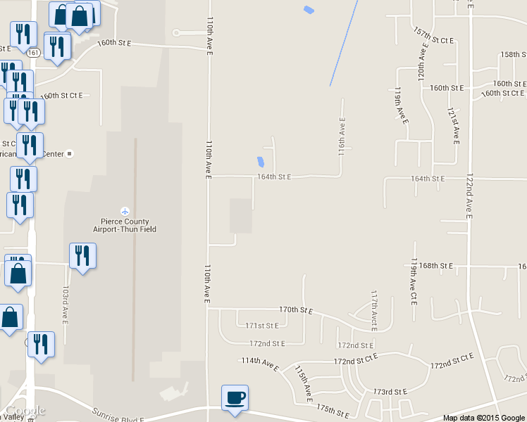 map of restaurants, bars, coffee shops, grocery stores, and more near 16511 112th Avenue Court East in Puyallup