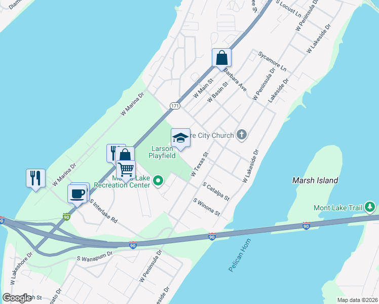 map of restaurants, bars, coffee shops, grocery stores, and more near 2406 West Texas Street in Moses Lake