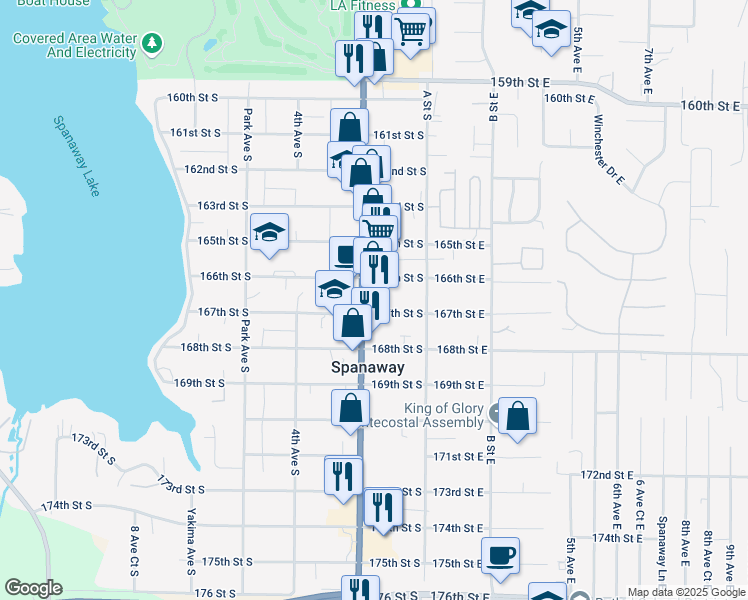 map of restaurants, bars, coffee shops, grocery stores, and more near 16615 Pacific Avenue South in Spanaway