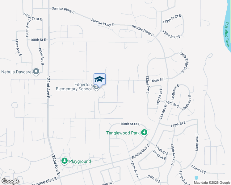 map of restaurants, bars, coffee shops, grocery stores, and more near 16516 129th Avenue Court East in Puyallup