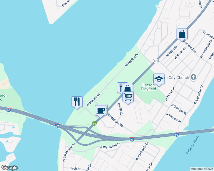 map of restaurants, bars, coffee shops, grocery stores, and more near 2730 West Marina Drive in Moses Lake