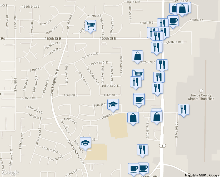 map of restaurants, bars, coffee shops, grocery stores, and more near 9520 165th Street Court East in Puyallup