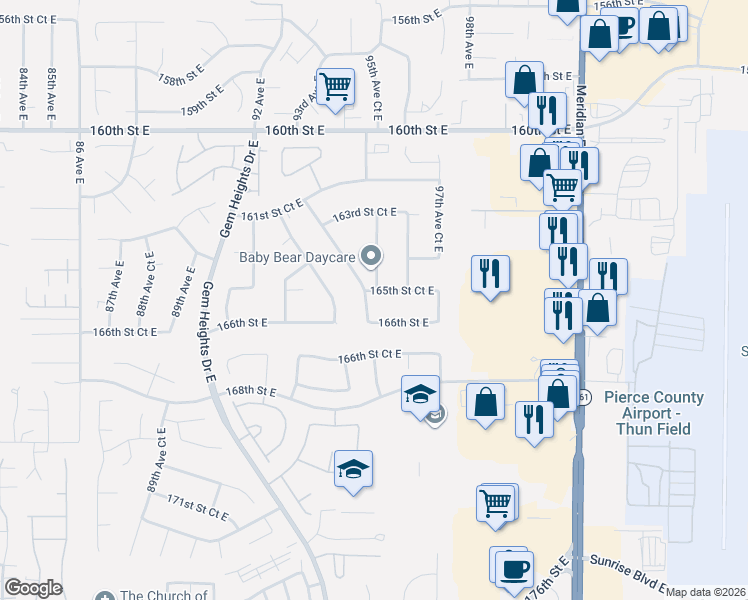map of restaurants, bars, coffee shops, grocery stores, and more near 9512 165th Street Court East in Puyallup