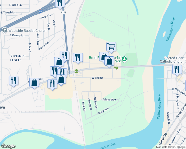 map of restaurants, bars, coffee shops, grocery stores, and more near 1210 West Bell Street in Glendive