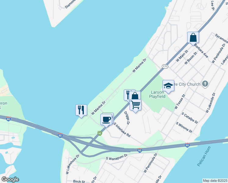 map of restaurants, bars, coffee shops, grocery stores, and more near 2734 West Marina Drive in Moses Lake