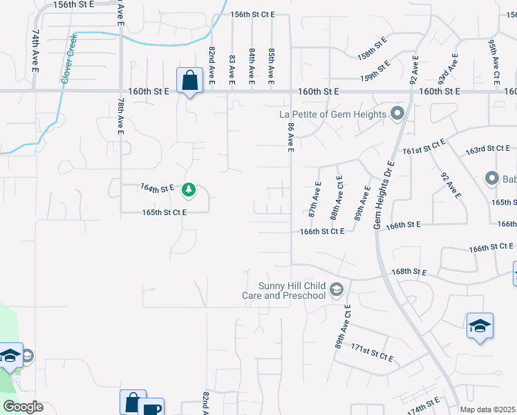 map of restaurants, bars, coffee shops, grocery stores, and more near 8411 165th Street Court East in Puyallup