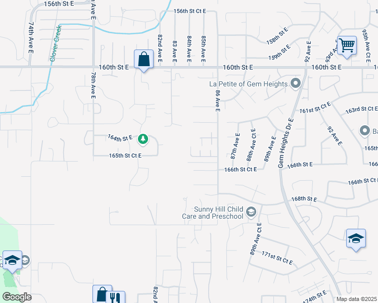 map of restaurants, bars, coffee shops, grocery stores, and more near 8411 165th Street Court East in Puyallup