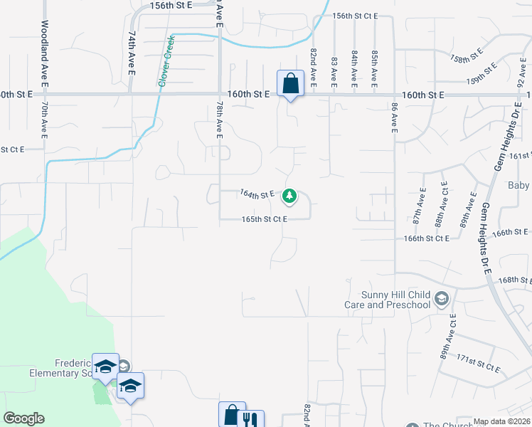 map of restaurants, bars, coffee shops, grocery stores, and more near 16428 80th Avenue East in Puyallup