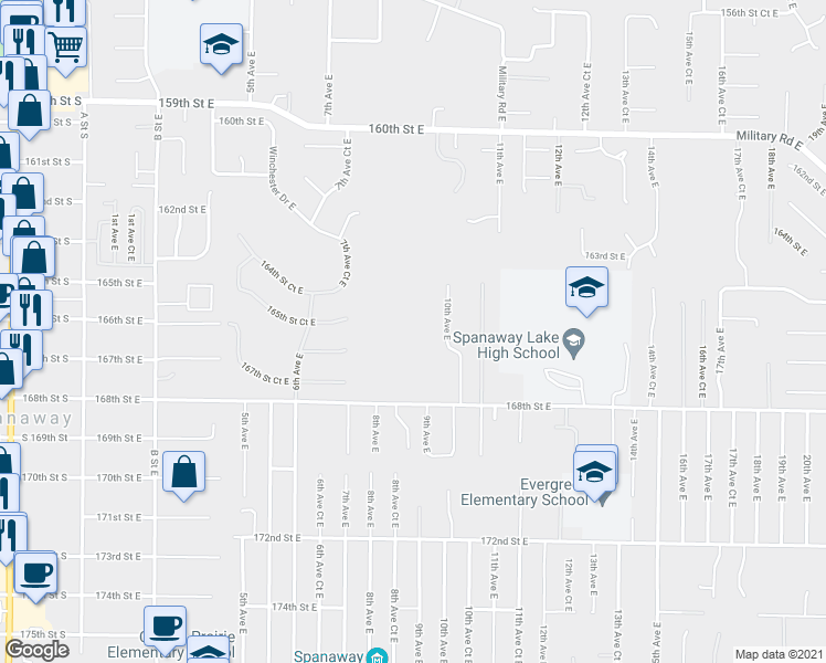map of restaurants, bars, coffee shops, grocery stores, and more near 913 168th Street East in Spanaway