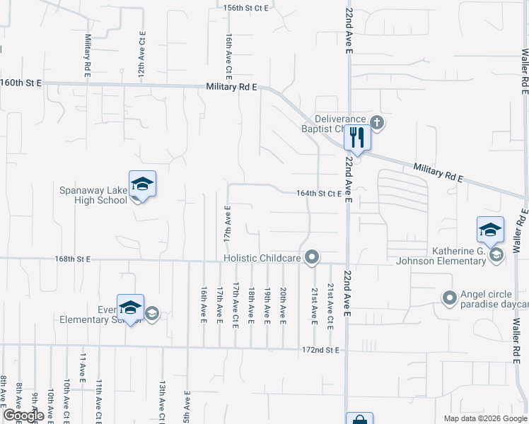 map of restaurants, bars, coffee shops, grocery stores, and more near 1805 165th Street Court East in Spanaway