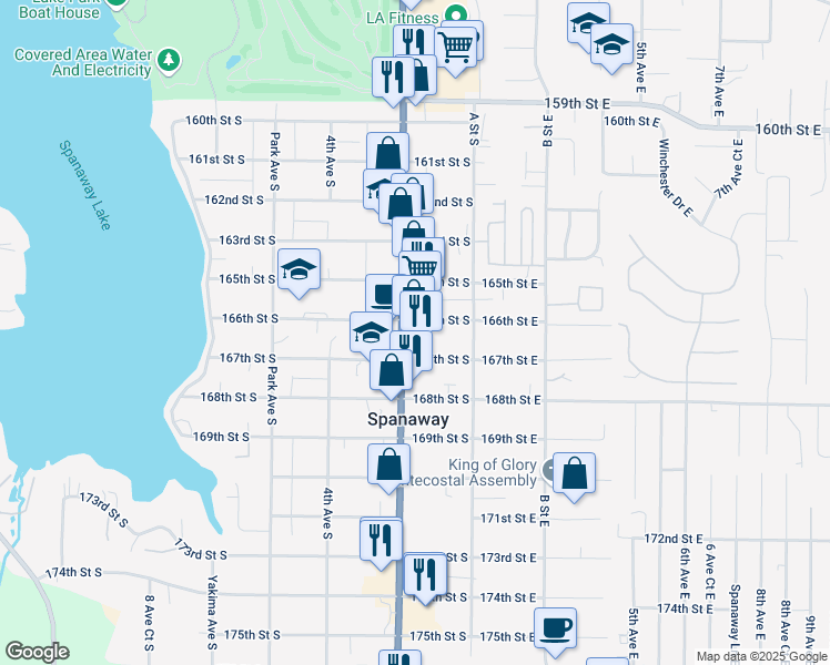 map of restaurants, bars, coffee shops, grocery stores, and more near 16615 Pacific Avenue South in Spanaway