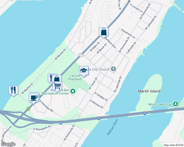 map of restaurants, bars, coffee shops, grocery stores, and more near 2406 West Texas Street in Moses Lake