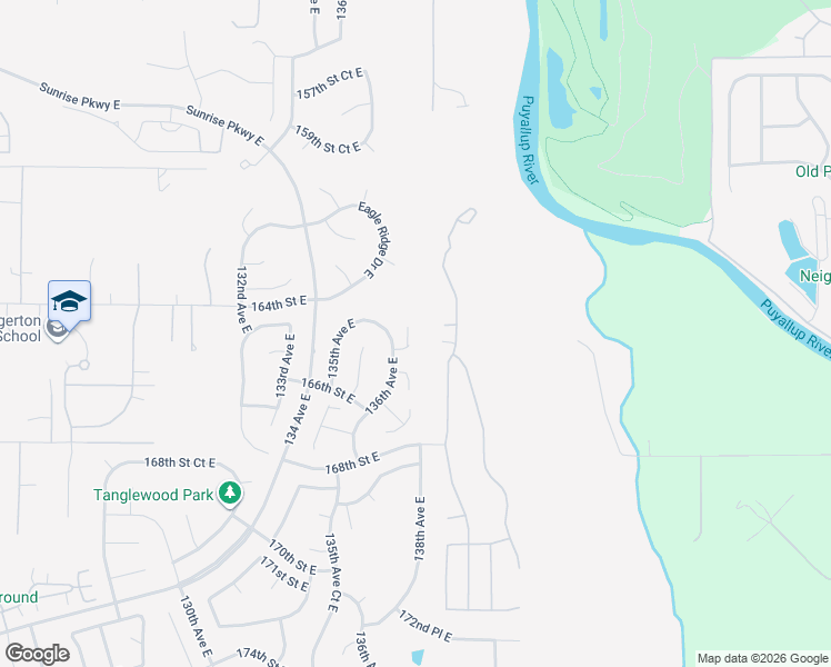 map of restaurants, bars, coffee shops, grocery stores, and more near 13604 164th Street Court East in Puyallup