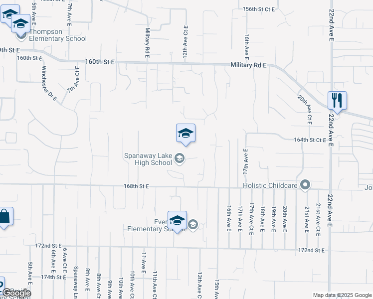 map of restaurants, bars, coffee shops, grocery stores, and more near 1305 168th Street East in Spanaway