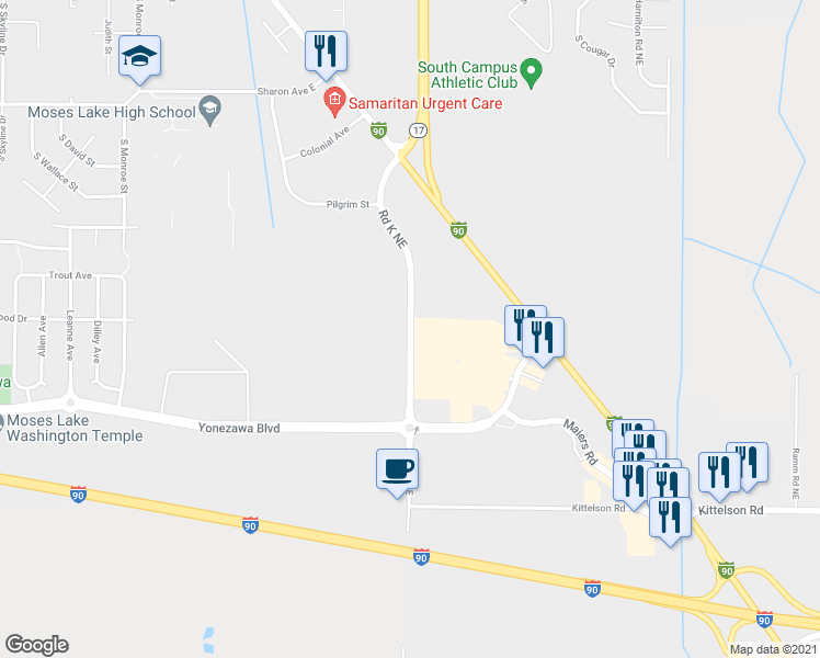 map of restaurants, bars, coffee shops, grocery stores, and more near Road K Northeast in Moses Lake