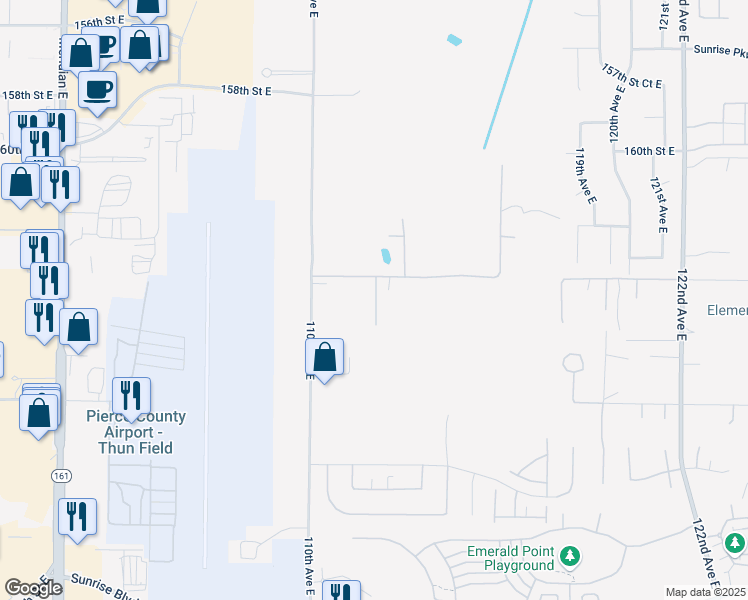 map of restaurants, bars, coffee shops, grocery stores, and more near 16511 112th Avenue Court East in Puyallup