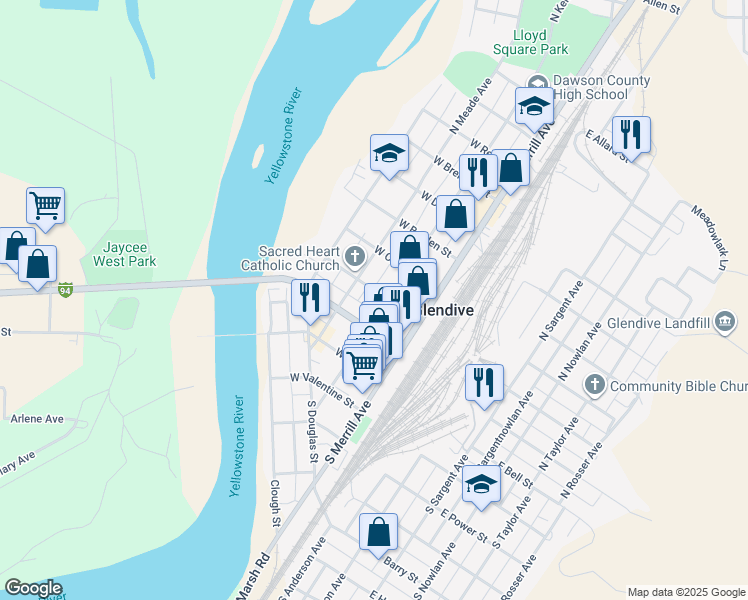 map of restaurants, bars, coffee shops, grocery stores, and more near 221 North Kendrick Avenue in Glendive