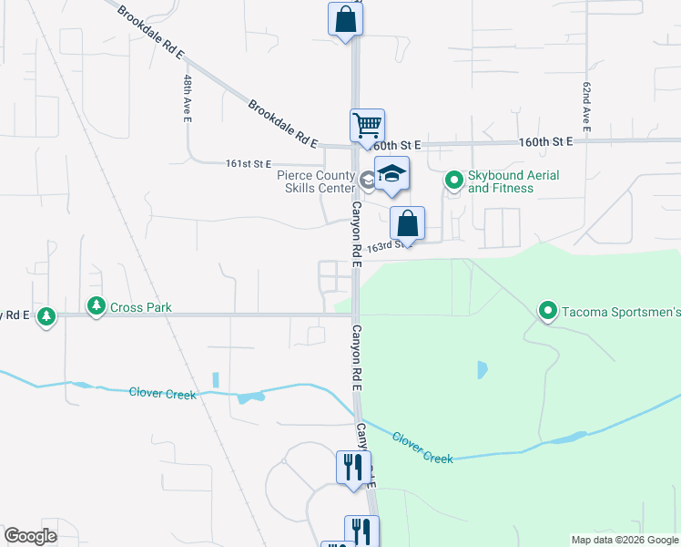 map of restaurants, bars, coffee shops, grocery stores, and more near 16324 Canyon Road East in Puyallup