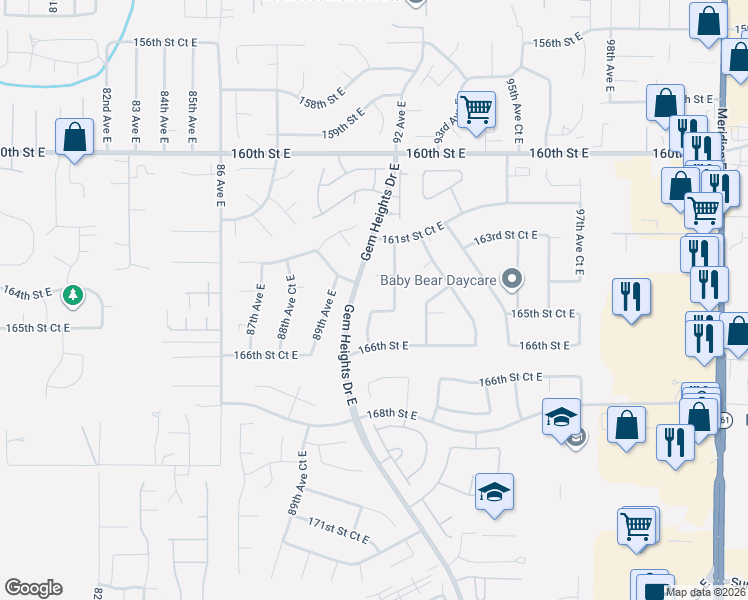 map of restaurants, bars, coffee shops, grocery stores, and more near 9004 163rd Street Court East in Puyallup