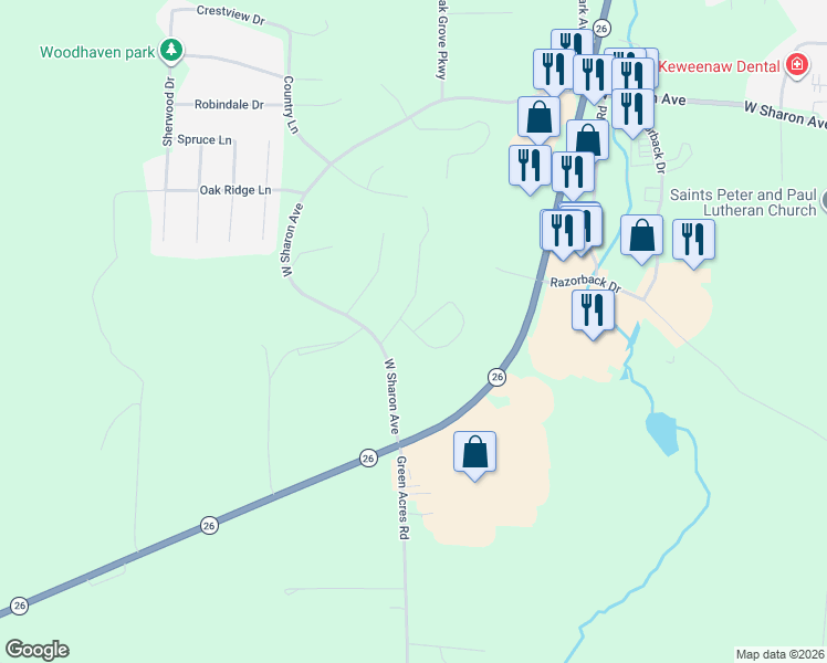 map of restaurants, bars, coffee shops, grocery stores, and more near Bluff View Drive in Houghton
