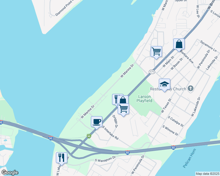 map of restaurants, bars, coffee shops, grocery stores, and more near 2612 West Marina Drive in Moses Lake