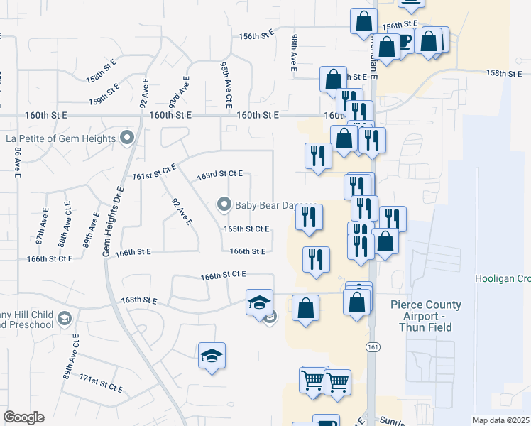 map of restaurants, bars, coffee shops, grocery stores, and more near 9704 164th Street East in Puyallup