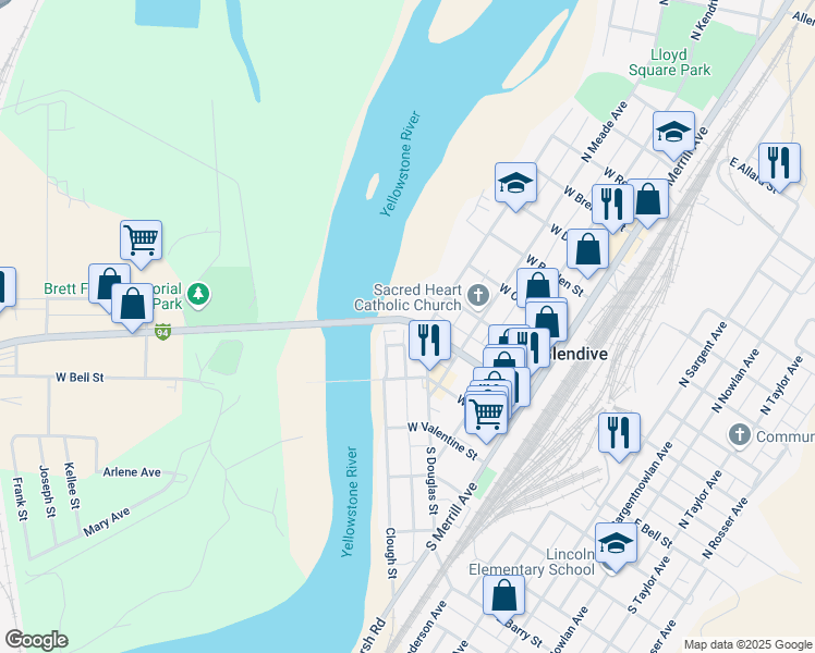 map of restaurants, bars, coffee shops, grocery stores, and more near 500 West Towne Street in Glendive