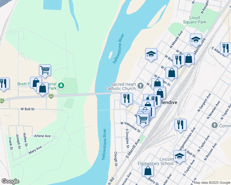 map of restaurants, bars, coffee shops, grocery stores, and more near 500 West Towne Street in Glendive