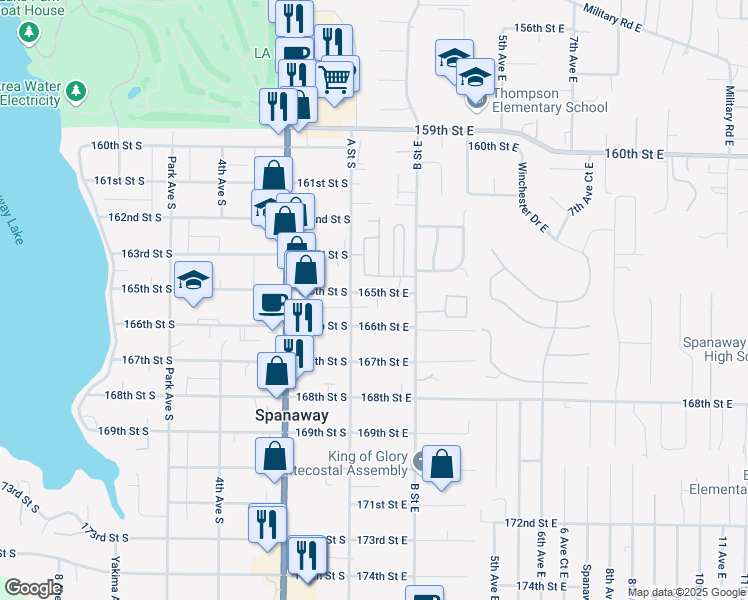 map of restaurants, bars, coffee shops, grocery stores, and more near 118 165th Street East in Spanaway
