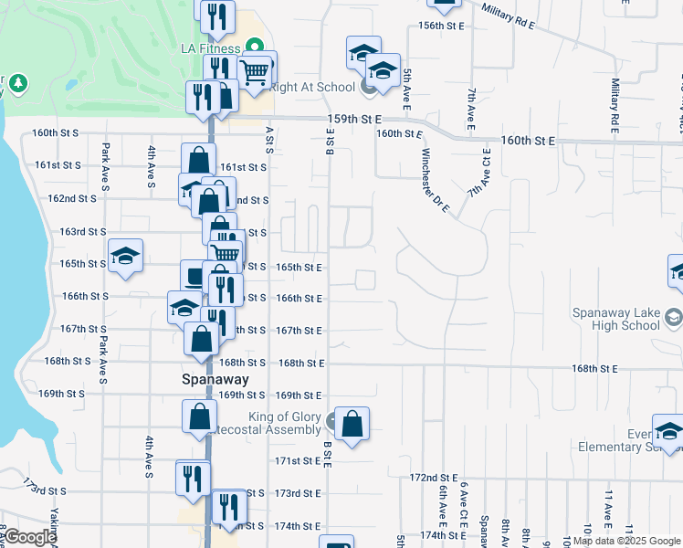 map of restaurants, bars, coffee shops, grocery stores, and more near 16509 B Street East in Spanaway