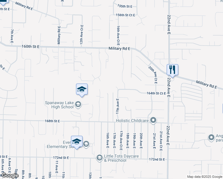 map of restaurants, bars, coffee shops, grocery stores, and more near 16402 17th Avenue East in Spanaway