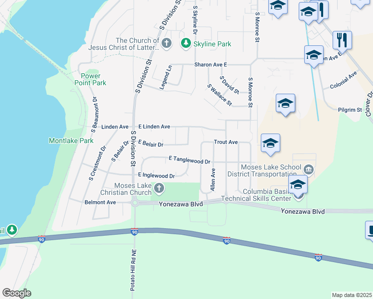 map of restaurants, bars, coffee shops, grocery stores, and more near 317 East Belair Drive in Moses Lake