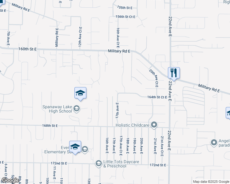 map of restaurants, bars, coffee shops, grocery stores, and more near 16402 17th Avenue East in Spanaway