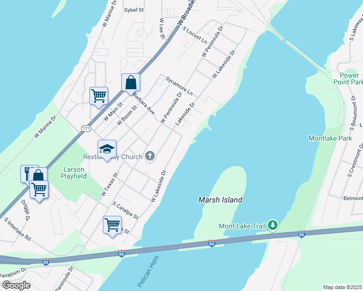map of restaurants, bars, coffee shops, grocery stores, and more near 2115 West Lakeside Drive in Moses Lake