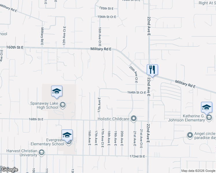 map of restaurants, bars, coffee shops, grocery stores, and more near 1801 164th Street Court East in Spanaway