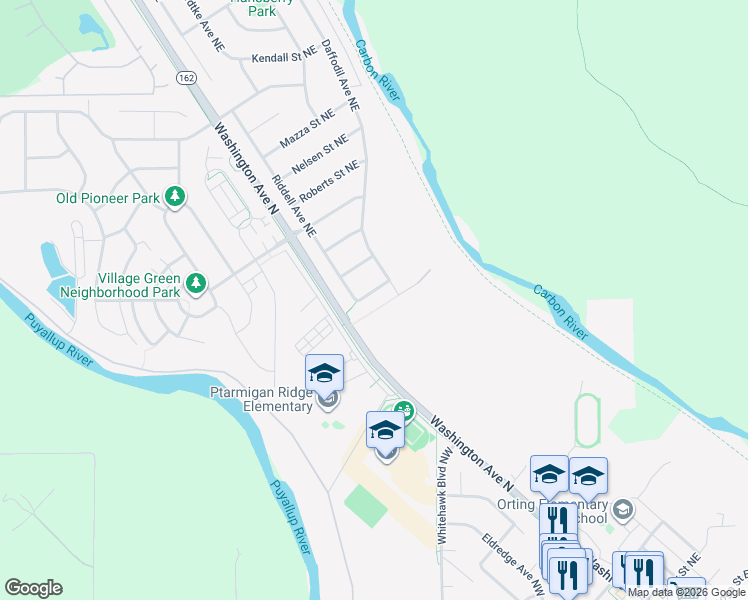 map of restaurants, bars, coffee shops, grocery stores, and more near 112 Weaver Street Northeast in Orting