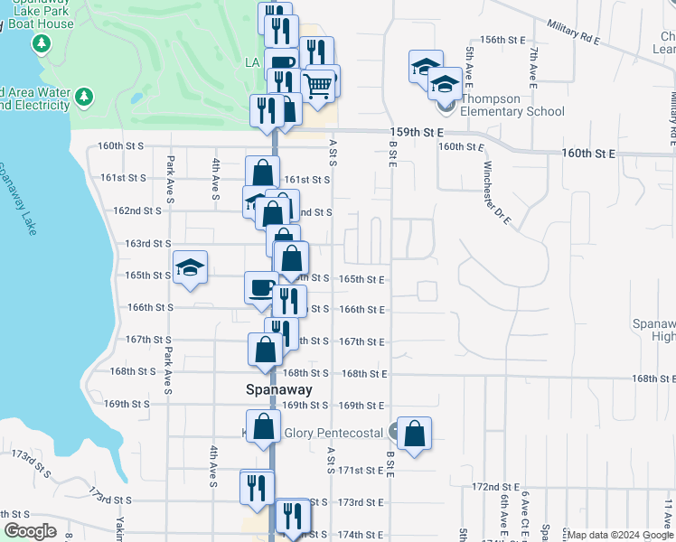 map of restaurants, bars, coffee shops, grocery stores, and more near 16323 A Street South in Spanaway