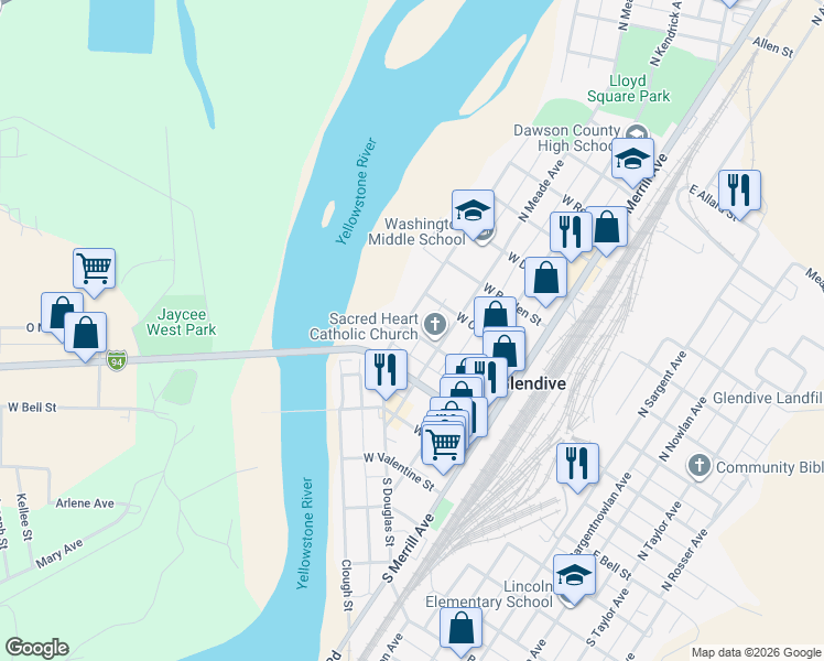 map of restaurants, bars, coffee shops, grocery stores, and more near 316 West Benham Street in Glendive