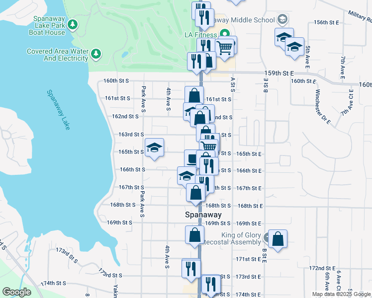 map of restaurants, bars, coffee shops, grocery stores, and more near 219 165th Street South in Spanaway