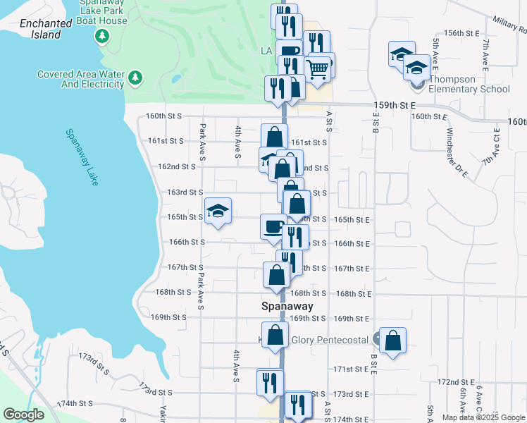 map of restaurants, bars, coffee shops, grocery stores, and more near 219 165th Street South in Spanaway