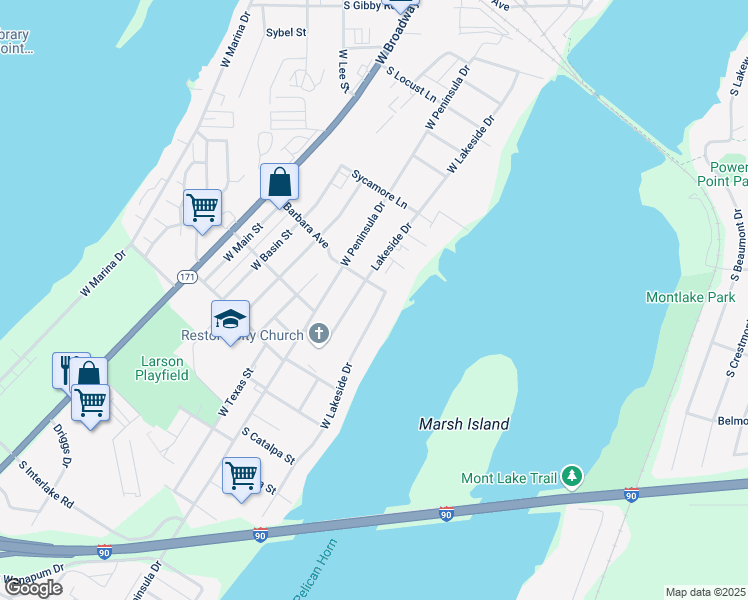 map of restaurants, bars, coffee shops, grocery stores, and more near 2136 West Lakeside Drive in Moses Lake