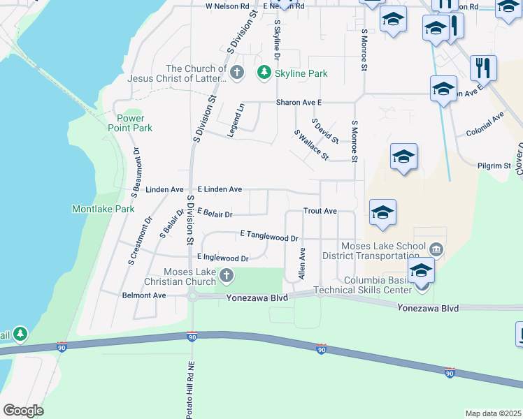 map of restaurants, bars, coffee shops, grocery stores, and more near 317 East Belair Drive in Moses Lake
